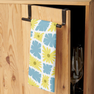 Groovy Wavy Trippy 60s Flower Checks Yellow Blue Tea Towel