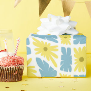 Groovy Wavy Trippy 60s Flower Checks Yellow Blue Wrapping Paper