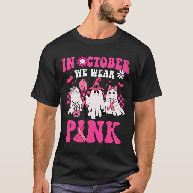 Groovy Wear Pink Breast Cancer Warrior Cute Ghost  T-Shirt (Front)