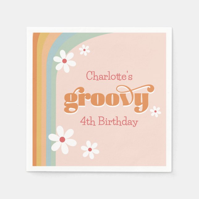 Groovy White Daisies Girl's 4th Birthday Party Napkin (Front)