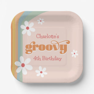 Groovy White Daisies Girl's 4th Birthday Party Paper Plate