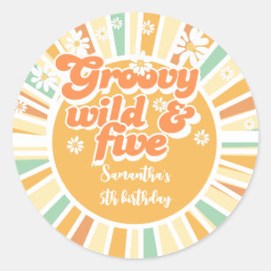 Groovy wild and five retro sun kids birthday classic round sticker