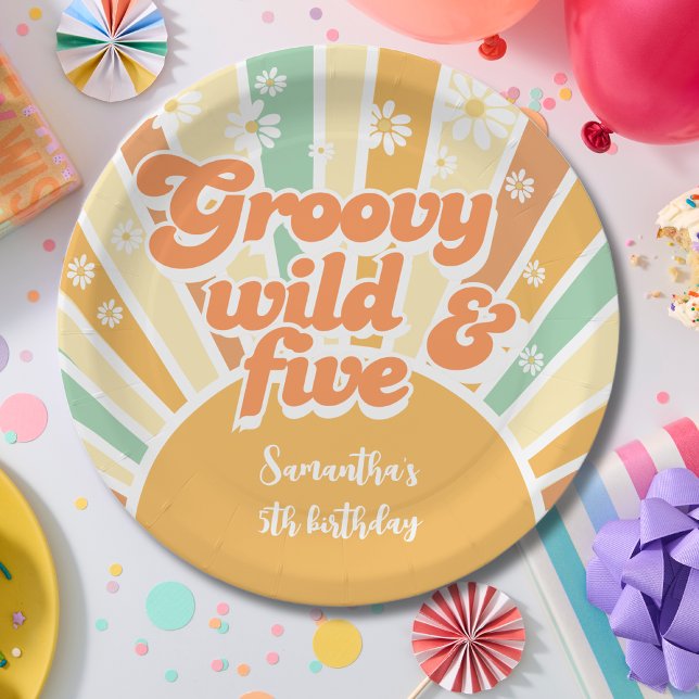 Groovy wild and five retro sun kids birthday paper plate (Creator Uploaded)