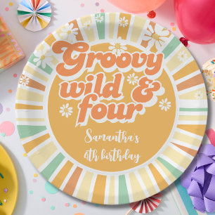Groovy wild and four retro sun kids birthday paper plate