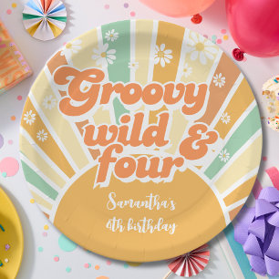 Groovy wild and four retro sun kids birthday paper plate