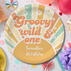 Groovy wild and one retro sun kids birthday paper plate