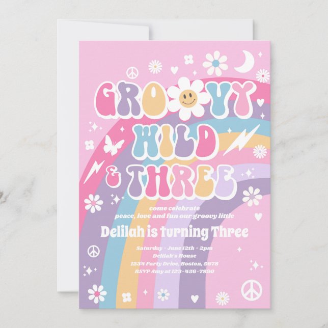 Groovy Wild And Three Hippie 3rd Birthday Party Invitation (Front)