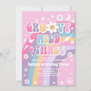 Groovy Wild And Three Hippie 3rd Birthday Party Invitation