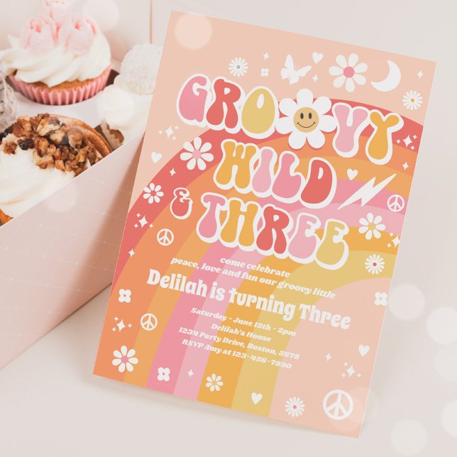 Groovy Wild And Three Hippie 3rd Birthday Party Invitation (Creator Uploaded)