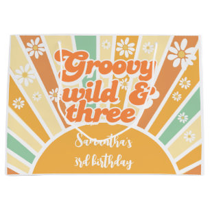 Groovy wild and three retro sun kids birthday large gift bag