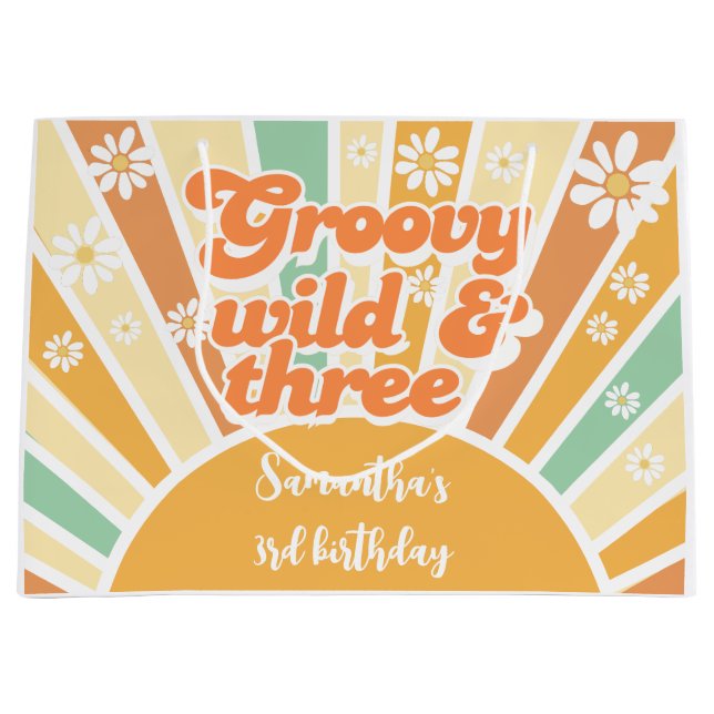 Groovy wild and three retro sun kids birthday large gift bag (Front)