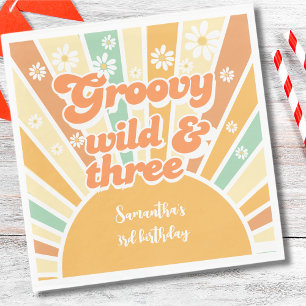 Groovy wild and three retro sun kids birthday napkin