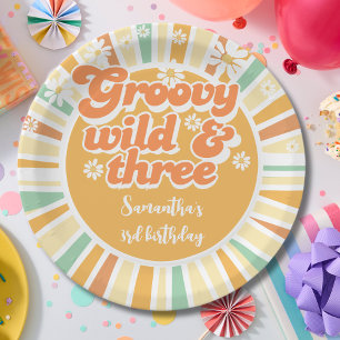Groovy wild and three retro sun kids birthday paper plate