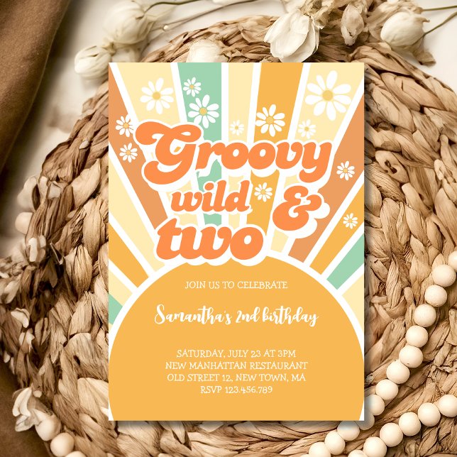 Groovy wild and two retro sun kids birthday invitation (Creator Uploaded)