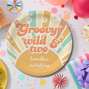 Groovy wild and two retro sun kids birthday paper plate