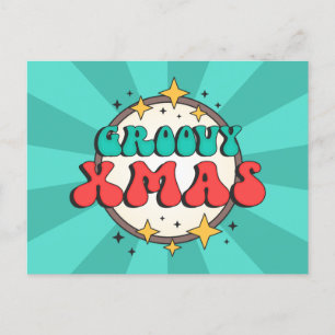 Groovy xmas holidays retroo cartoon text holiday postcard