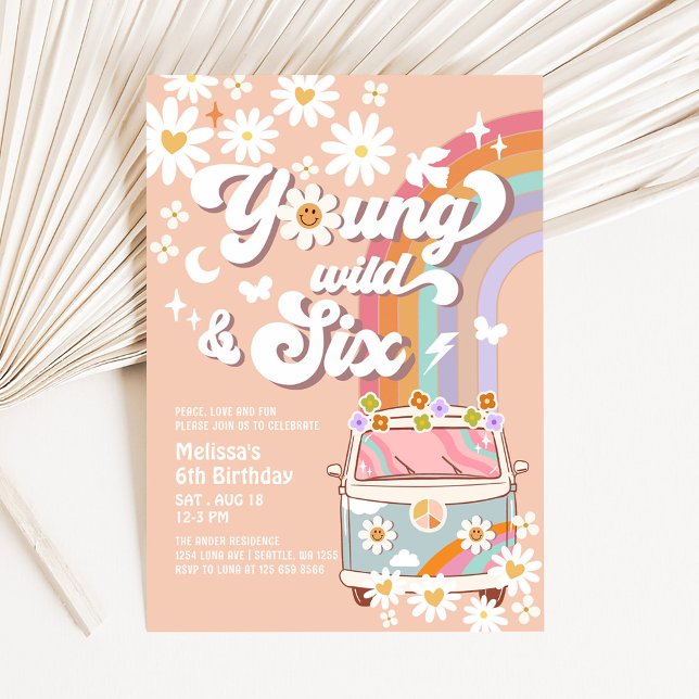 Groovy Young Wild and SIX Rainbow 6th Birthday Invitation (Creator Uploaded)