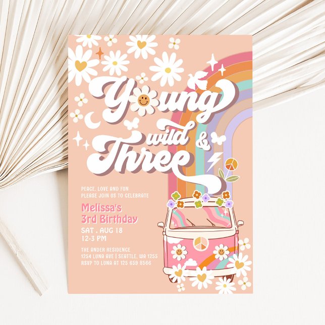 Groovy Young Wild and Three 3rd Birthday Invitation (Creator Uploaded)
