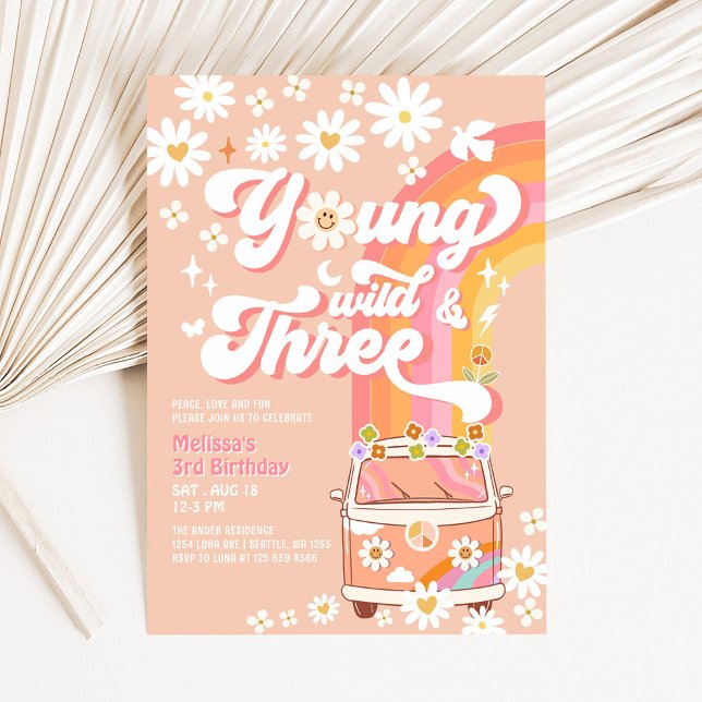 Groovy Young Wild and Three Daisy 3rd Birthday Invitation (Creator Uploaded)