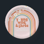 Groovy Young Wild Three daisy rainbow 3rd birthday Paper Plate<br><div class="desc">Retro inspired groovy Young Wild and Three 3rd birthday party plates with hippie style rainbow,  daisies and boho fonts and colours.</div>