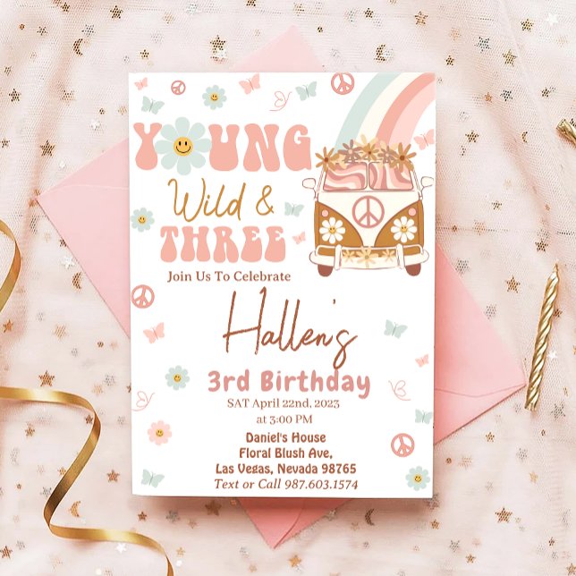 Groovy Young Wild & Three Rainbow 3rd Birthday Invitation (Creator Uploaded)