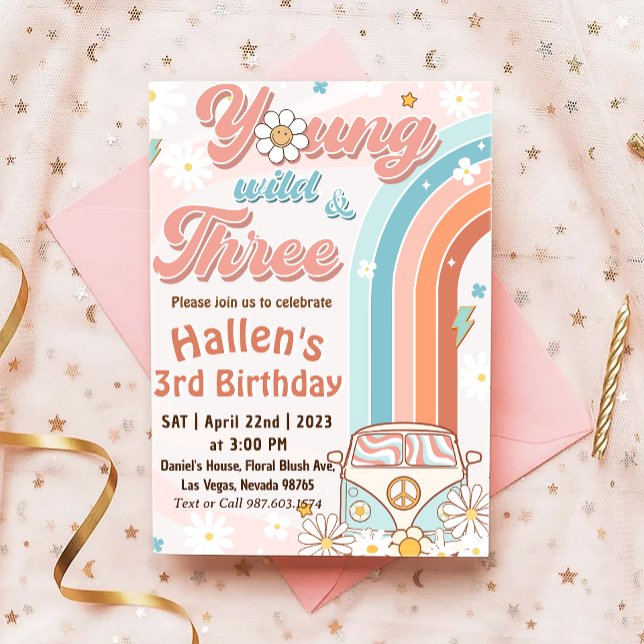Groovy Young Wild & Three Rainbow 3rd Birthday Invitation (Creator Uploaded)