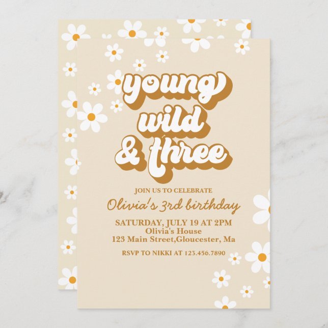 Groovy Young Wild Three Retro Daisy 3rd Birthday Invitation (Front/Back)