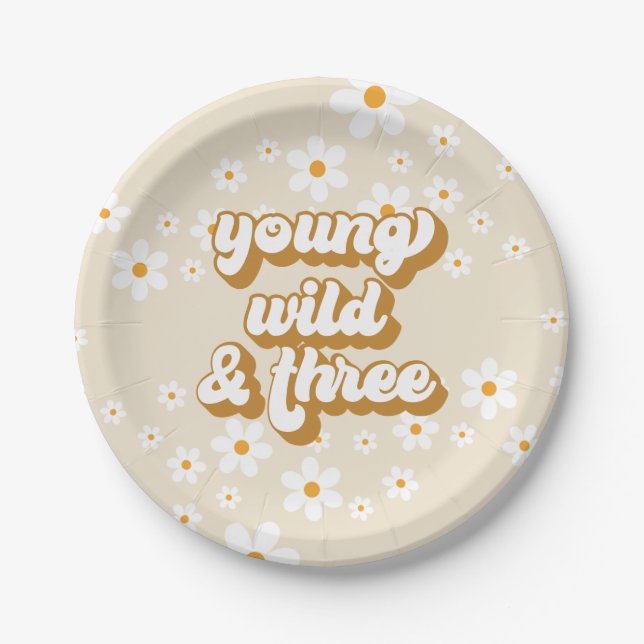 Groovy Young Wild Three Retro Daisy 3rd Birthday Paper Plate (Front)
