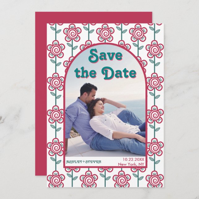 Groovymagenta and teal flowers 70s inspired photo save the date (Front/Back)