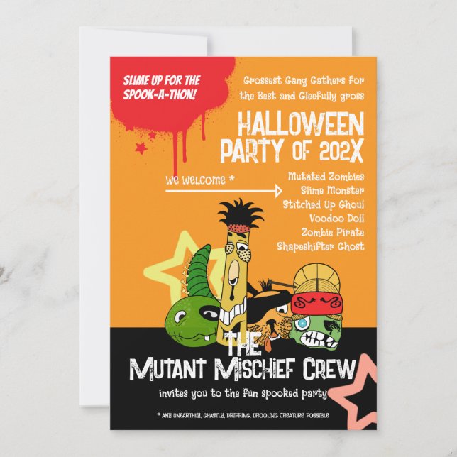 Gross Funny Halloween Cartoon Mutant Monsters Zom Invitation (Front)