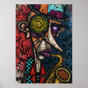 Grotesque Jazz Saxophonist with Spiral Eye Poster