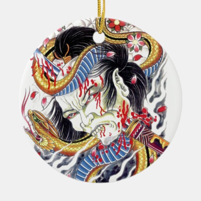 Grotesque & Snake Tattoo Design Ceramic Tree Decoration (Front)