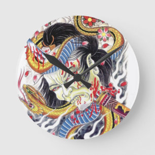 Grotesque & Snake Tattoo Design Round Clock
