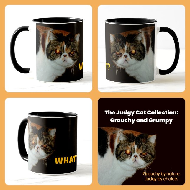 Grouchy Exotic Shorthair “WHAT?” Judgy Cat Mug (Creator Uploaded)