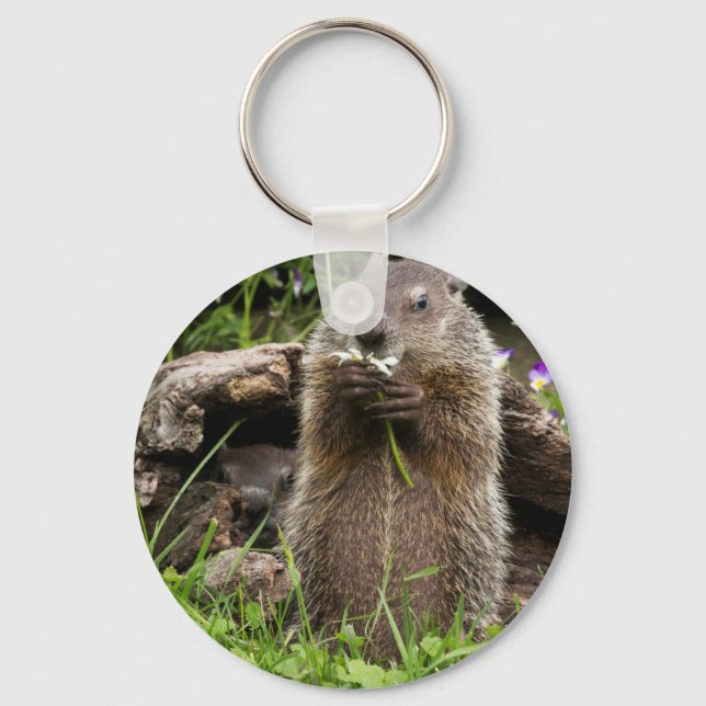 Ground Hog Munching on a Flower Key Ring (Front)