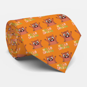 Groundhog Day Hello Spring Funny Orange Tie