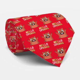 Groundhog Day Hello Spring Funny Red Tie