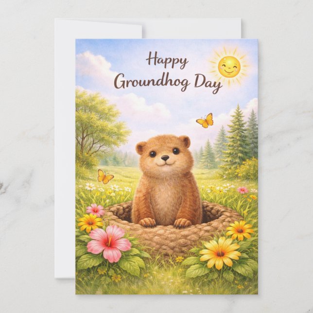 Groundhog day watercolor holiday card (Front)