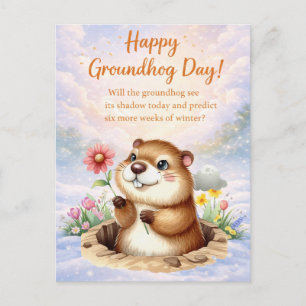 Groundhog Day watercolor  Holiday Postcard