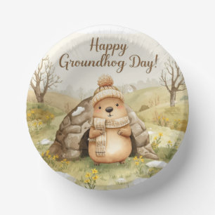 Groundhog day watercolor paper plate