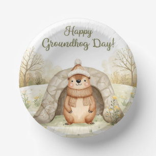 Groundhog day watercolor paper plate