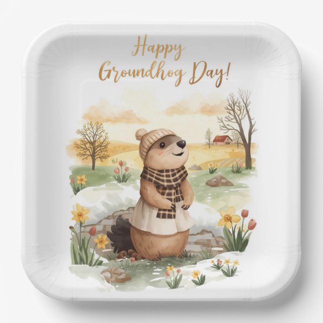 Groundhog day watercolor paper plate (Front)