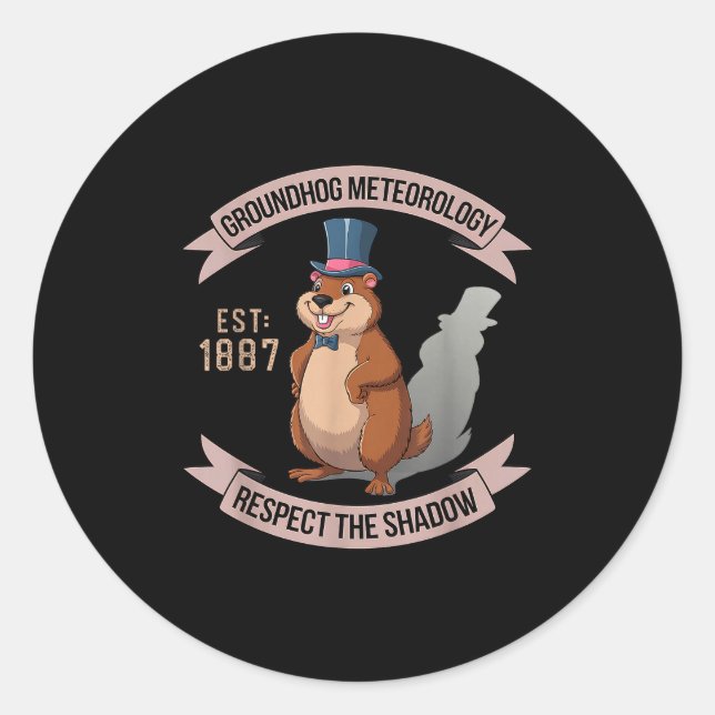 Groundhog Funny Uni Adults Kids Black Short Sleeve Classic Round Sticker (Front)