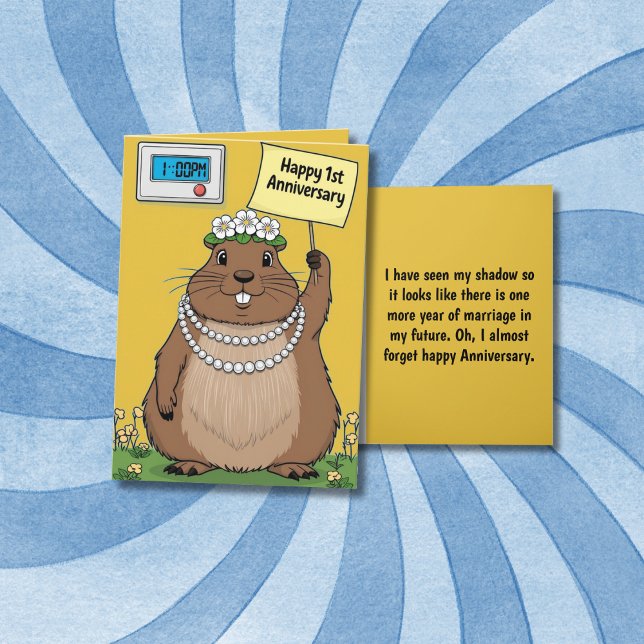 Groundhog holding yellow sign 1st anniversary  card (Creator Uploaded)