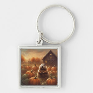 Groundhog in pumpkin field keychain
