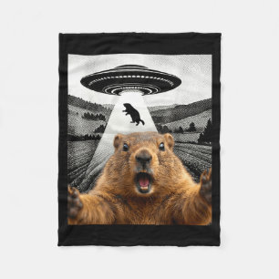 Groundhog Selfie With Alien Ufo Humor Men Women Ki Fleece Blanket