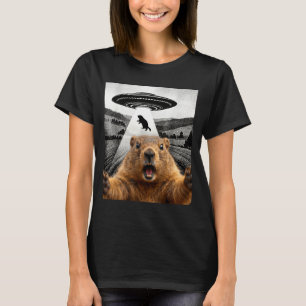 Groundhog Selfie With Alien Ufo Humor Men Women Ki T-Shirt