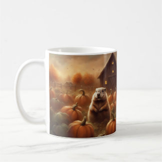 Groundhog standing in pumpkin patch at sunset coffee mug