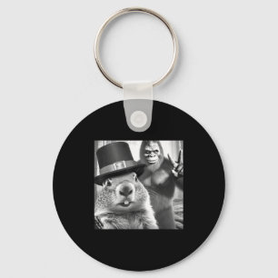 Groundhog Taking Selfie With Bigfoot Funny Groundh Key Ring