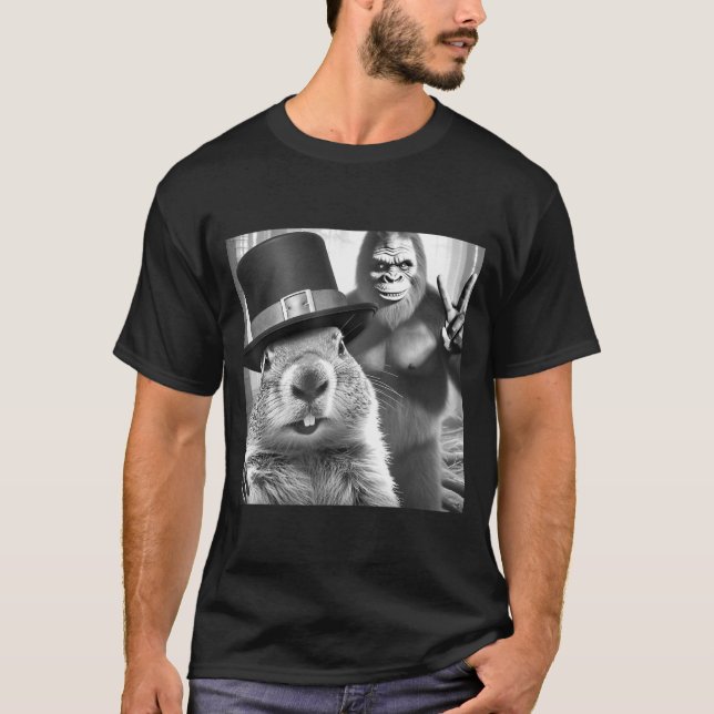 Groundhog Taking Selfie With Bigfoot Funny Groundh T-Shirt (Front)